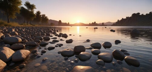 Calm and tranquil riverine scene with stones at shores during sunset, environmental, dusk, waterscape