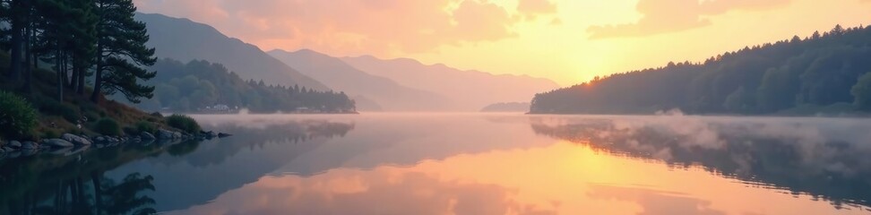 Calming lake scene at dawn with mist rising from water, landscape, peaceful