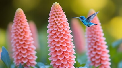 Fototapeta premium Hummingbird hovering near pink flowers in garden