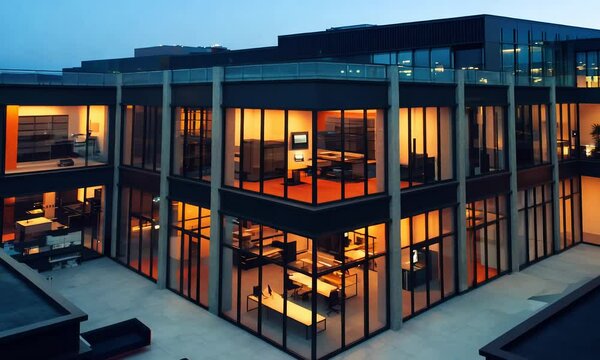 A modern architectural space featuring large glass windows, illuminated workspaces and a serene outdoor area.