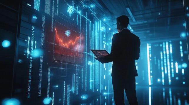 Analyst reviews market data in digital server room