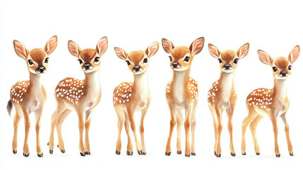 Cute adorable little deer depicted in different poses. Cute watercolor baby dear. Bambi portrait set on white background.