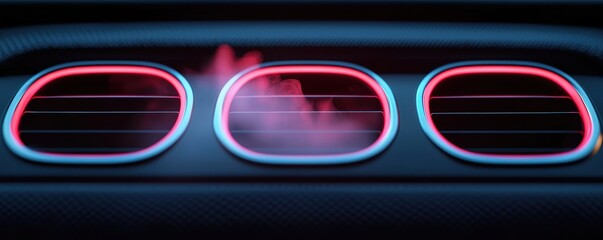 Obraz premium Close-up of car air conditioning vents releasing cool mist, with soft lighting highlighting the sleek interior design