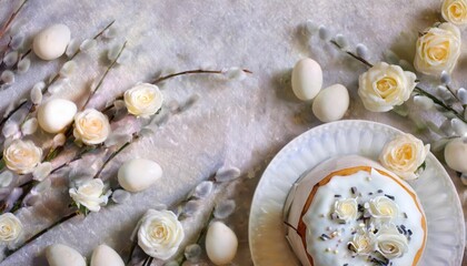 Fototapeta premium Delicate Easter cake decorated with white flowers and eggs on a soft background