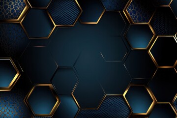 Elegant Abstract Texture with Gold and Blue Hexagonal Patterns, 3D Waves, and Metallic Luxury Design in a Futuristic Geometric Mesh
