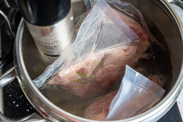 Thermal immersion circulator and vacuum packed meat in pot on white background. Sous vide cooking