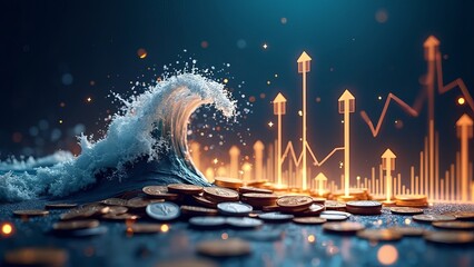 A stack of golden coins spilling over a reflective surface,