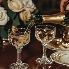 champagne glasses and champagne vine with flowers on the table