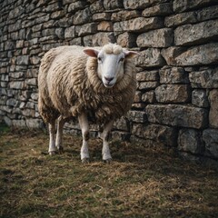 Fototapeta premium A sheep standing near a crumbling stone wall on the farm.