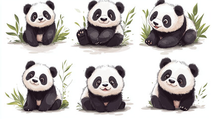 Obraz premium Set of different Panda characters. Isolated on white background. Wild animal cartoon design of panda in different pose, bamboo, sitting, sleeping. Adorable bear mascot illustration for sticker.