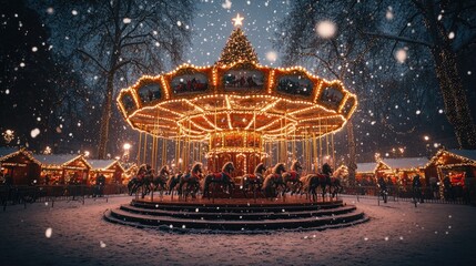 Snowing Christmas carousel, market, festive night