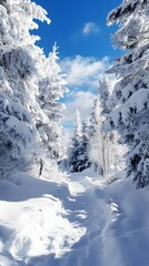 A serene winter path through a snow-covered forest under a bright blue sky.