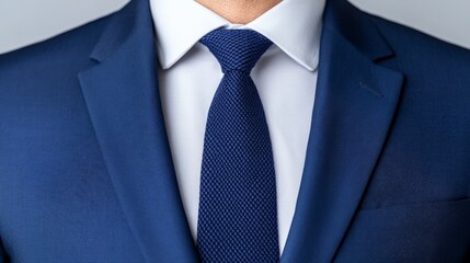 Navy Blue Suit and Tie: A close-up shot showcases the elegant details of a navy blue suit and tie, emphasizing the crisp lines, texture, and sophisticated style.