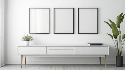 A white home living room interior features a drawer and art decoration, with mockup frames displayed on the walls.