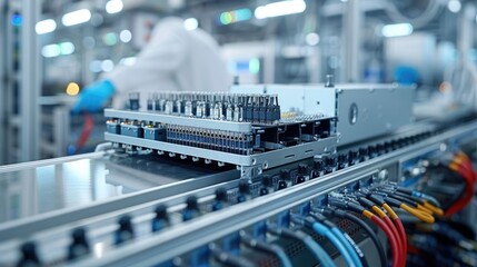 A close-up of a circuit board on a conveyor in a manufacturing facility, highlighting industrial processes.