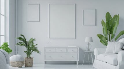 Fototapeta premium A white home living room interior features a drawer and art decoration, with mockup frames displayed on the walls.
