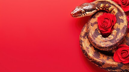 Obraz premium Luxurious design featuring a coiled snake with vibrant red and gold scales intertwined with roses, blending beauty and danger