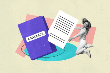 Contemporary poster trend art collage of excited business girl jump contract hr approval employment concept vacancy recruitment