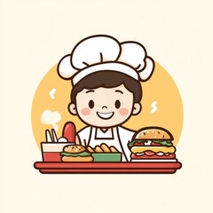 Cartoon chef preparing food, happy expression,  food display, illustration, possible use children's cookbook, restaurant promotion