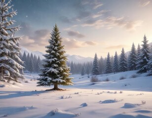 Fototapeta premium Christmas Tree in Winter Landscape with Snowflakes , landscape, winter