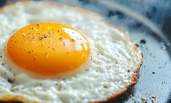 A perfectly fried egg with a golden yolk, resting on a black plate, garnished with a sprinkle of black pepper.
