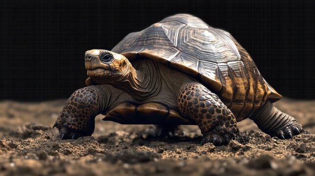 A close-up of a brown tortoise with its detailed shell and textured skin on a dirt surface