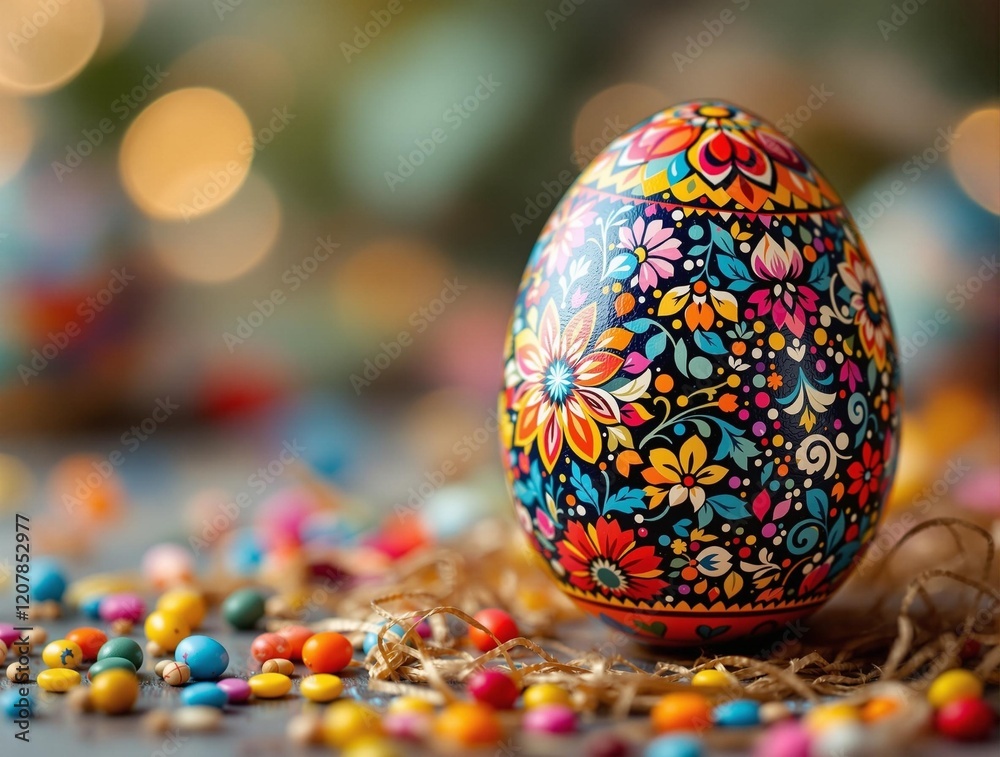 Poster a wooden table with a decorated easter egg, colorful candies, and a bokeh effect in the background. 