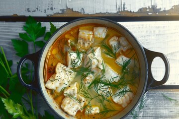 Delicious warm fish soup enhanced with fresh herbs for a comforting culinary experience