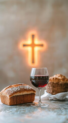 communion table featuring glass of red wine and fresh bread, symbolizing unity and faith. illuminated cross in background adds spiritual touch
