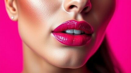 Obraz premium Close-Up of Gorgeous Model's Glossy Pink Lips on Vibrant Pink Background