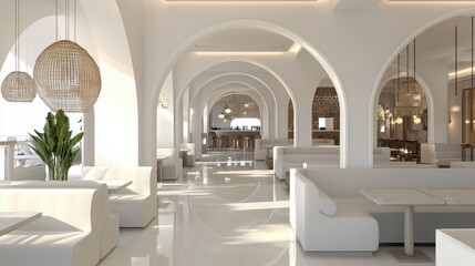 A white restaurant interior featuring elegant arches and comfortable sofas, designed to create a spacious and sophisticated dining atmosphere.
