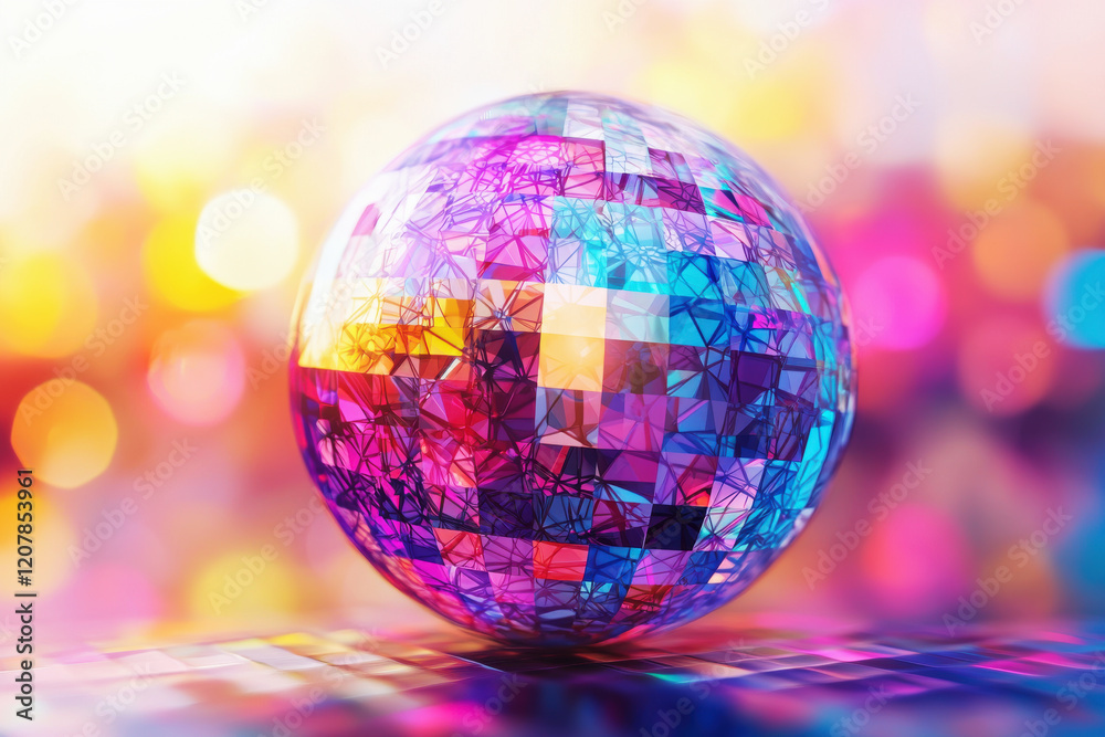 Poster exploration of an abstract geometric globe reflecting vibrant colors and light patterns in a dynamic
