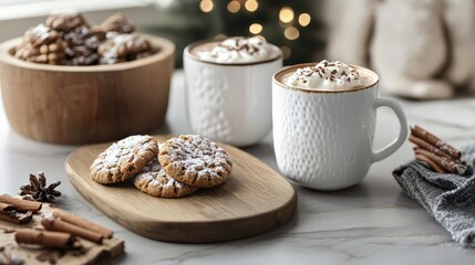 A comforting scene featuring seasonal recipe ideas, with hot cocoa and cookies styled for winter.