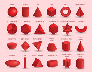 Vector realistic 3D red geometric shapes isolated on background. Maths geometrical figure form, realistic shapes model. Platon solid. Geometric shapes icons for education, business, design.