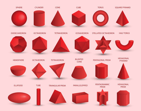 Vector realistic 3D red geometric shapes isolated on background. Maths geometrical figure form, realistic shapes model. Platon solid. Geometric shapes icons for education, business, design.