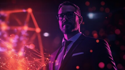 Confident businessman, digital network backdrop, studio, future tech