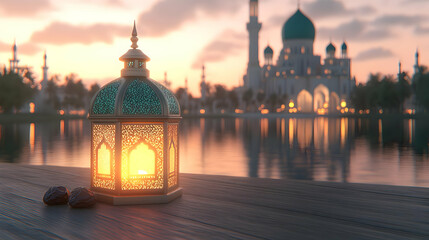 3D Lantern at Sunset Mosque Illustration