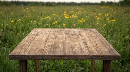 Naklejka premium Rustic table in an open field, bold grain detail, blurred wildflowers surrounding it