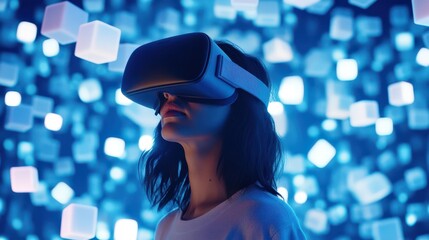A woman wearing a VR headset explores a virtual reality environment filled with floating blocks, emphasizing an immersive digital experience and endless possibilities.
