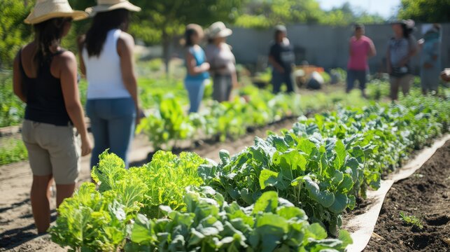 A community farming workshop teaching participants about pest management and sustainable growing practices.