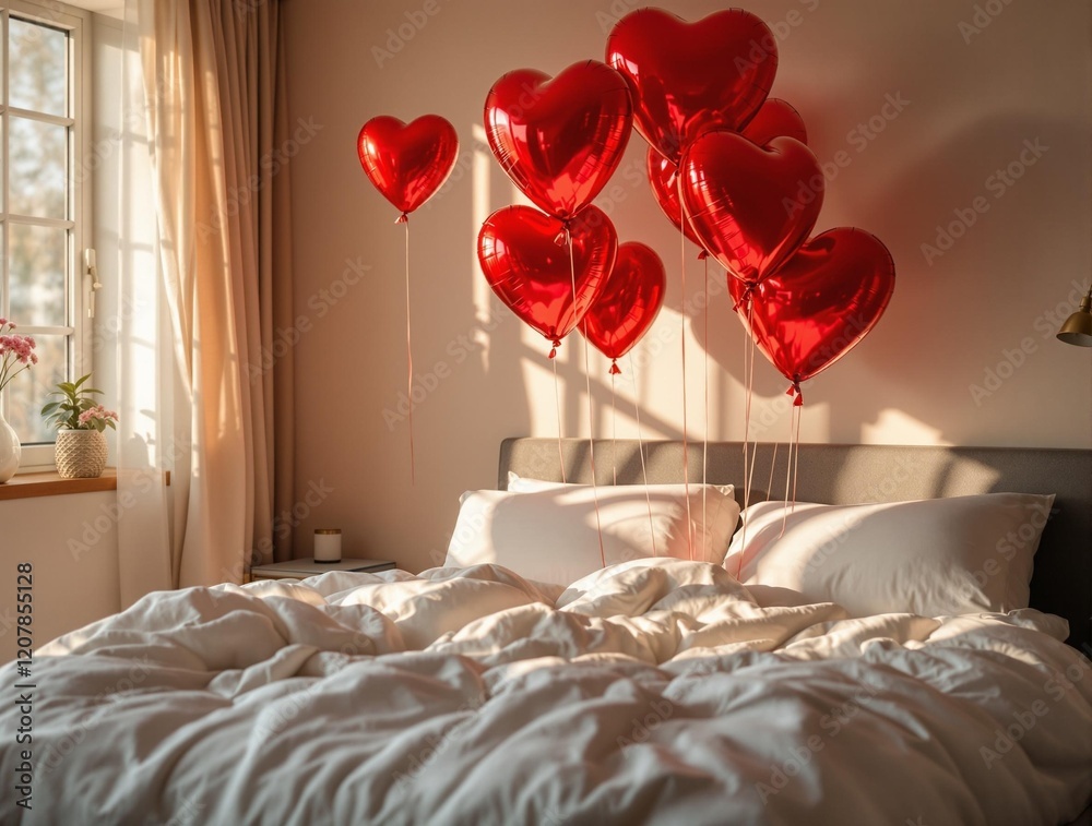 Poster a bedroom with a bed covered in white sheets with red heart-shaped balloons floating above it. the r
