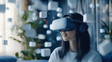 A woman wearing a VR headset explores a virtual reality environment filled with floating blocks, emphasizing an immersive digital experience and endless possibilities.