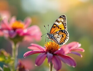 a vibrant butterfly perched on a pink flower with a blurred garden background.