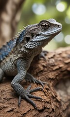 Close-up of western fence lizard basking on tree limb, Habitat, Sunny, Outdoors, Wildlife