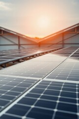 Close-up of Solar Panels on Rooftop with Sunset in the Background