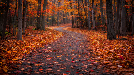 Fototapeta premium Serene Forest Path Adorned With Golden and Crimson Autumn Leaves