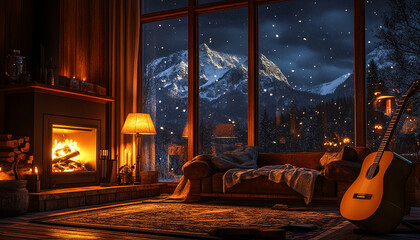 Fototapeta premium Sitting in front of the fireplace, the night view outside the large floor-to-ceiling windows is snowing