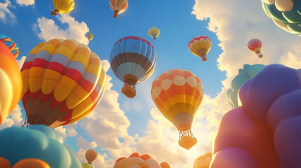 Fototapeta premium A vibrant spectacle fills the sky as a multitude of colorful hot air balloons drift serenely against a backdrop of fluffy white clouds , The balloons, painted in a rainbow of hues, create a whimsical 