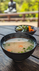 bowl of miso soup with vegetables, served outdoors, evokes warmth and comfort