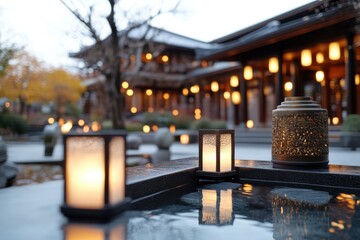 Traditional lanterns illuminate a serene Zen garden space, providing a tranquil atmosphere enhanced by the natural surroundings, inviting reflection and peaceful meditation.